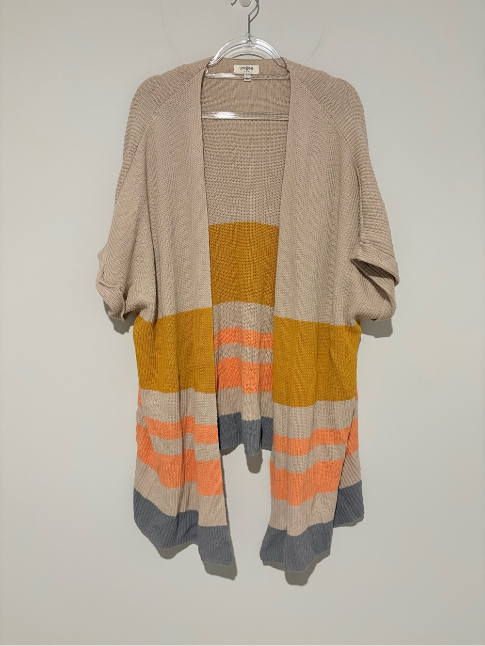 Umgee Boho Colorblock Striped Dolman Short Sleeve Cardigan tan orange Large
